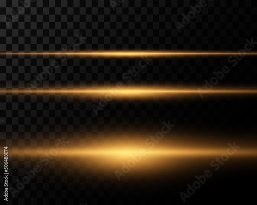 Yellow horizontal lens flares pack. Laser beams, horizontal light rays. Beautiful light flares. Glowing streaks on transparent background. Luminous abstract sparkling lined background.