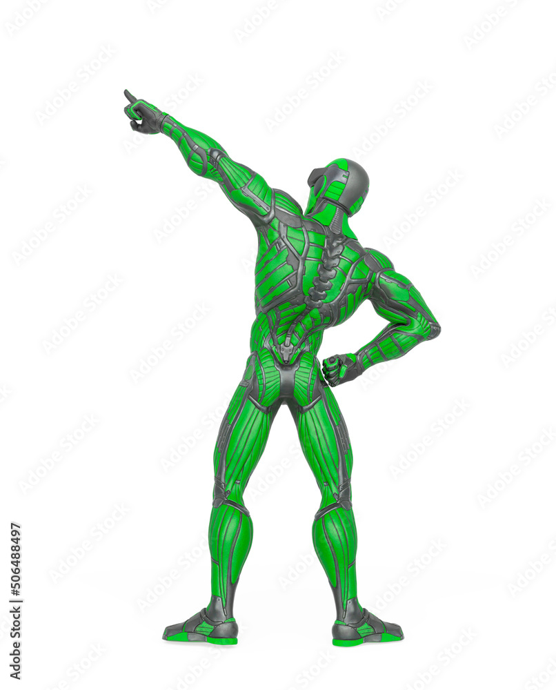 super hero is pointing up and showing the way in an exosuit rear view super hero is pointing up and showing the way in an exosuit rear view