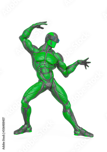 super hero is doing a dynamic fight pose in an exosuit