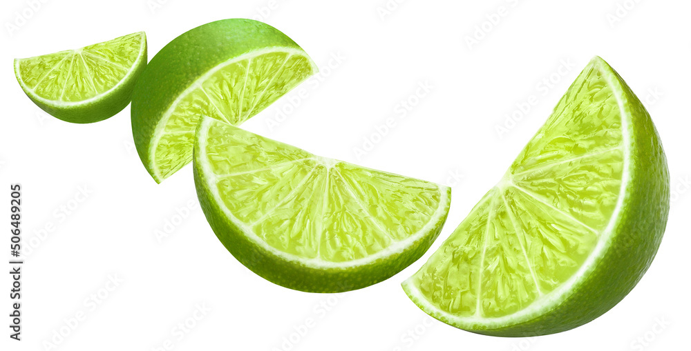 Flying slices of lime, isolated on white background