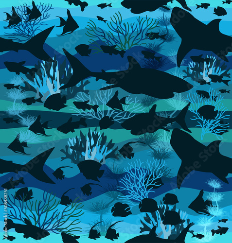 Seamless pattern, underwater walpaper with shark and tropical fish. vector illustration