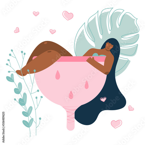 Vector illustrations with body positive young girls sit in Hygienic Menstrual cup. The menstrual period cycle, PMS and blood is NORMAL
