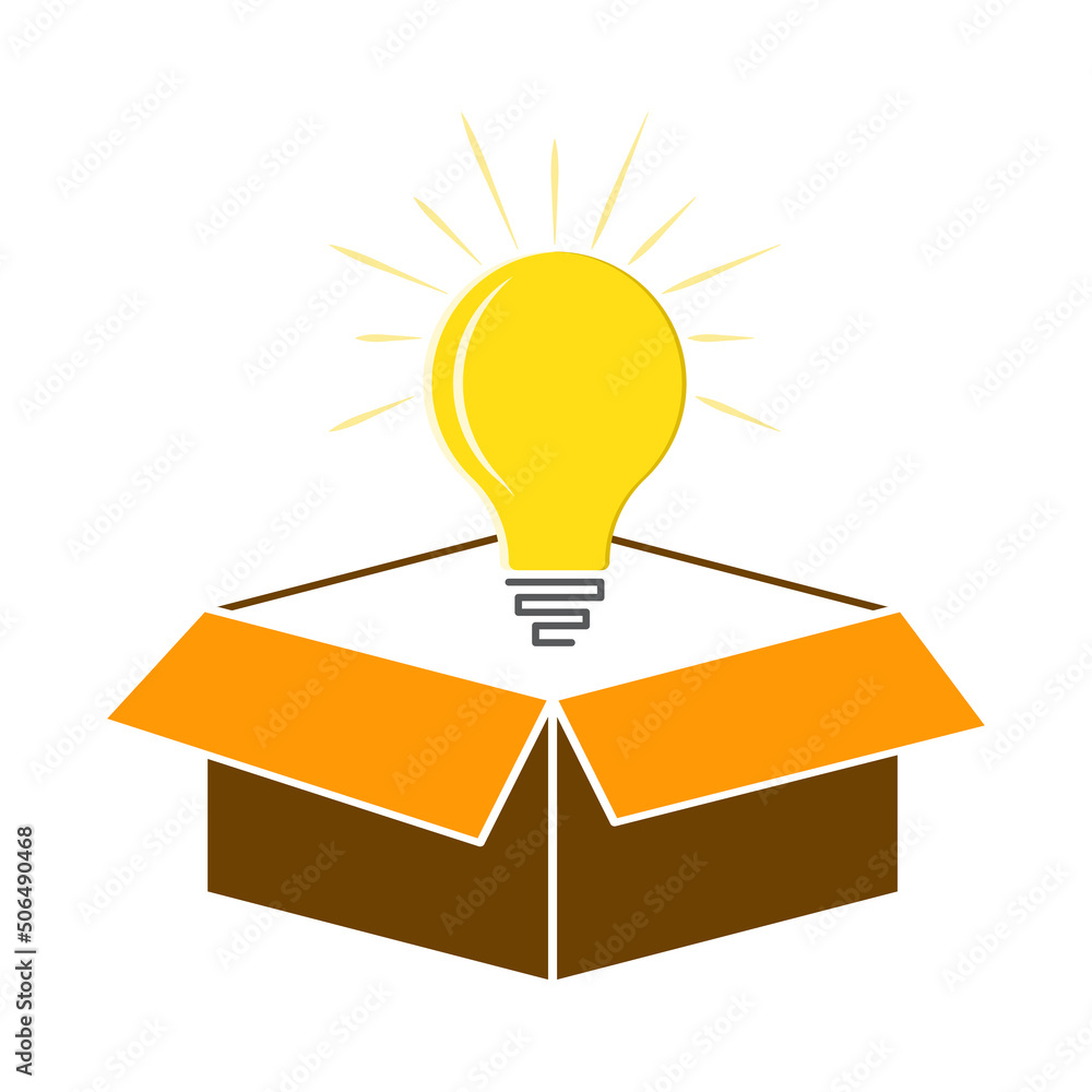 Creativity, innovation box. Think out of the box. Lightbulb from the box vector illustration