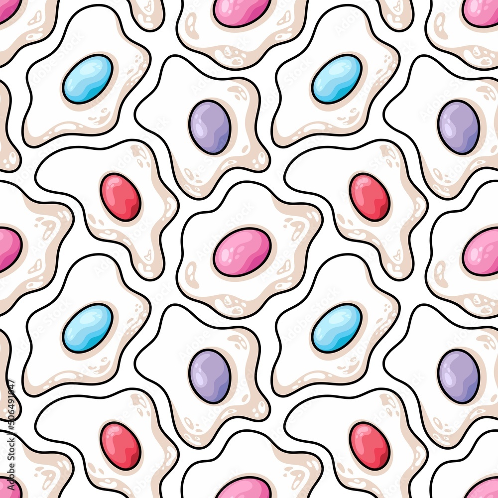 Seamless vector pattern with fried eggs pop art style. Whimsical colorful yolk. Cute hand drawn background for kids room decor, packaging, wrapping paper, textile, print, gift, card, fabric, wallpaper