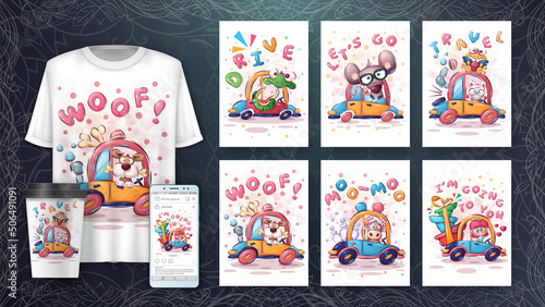 Set cartoon character childish animal in the car