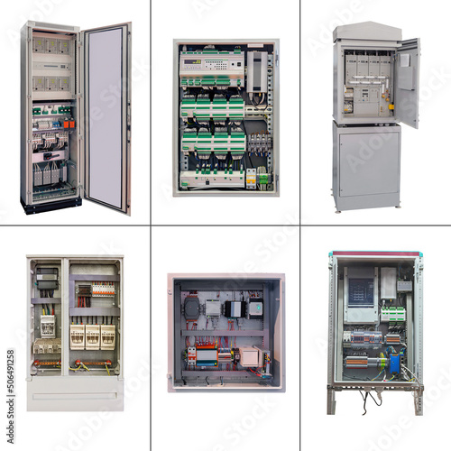 six electrical control cabinets of various designs and purposes, isolated on white background