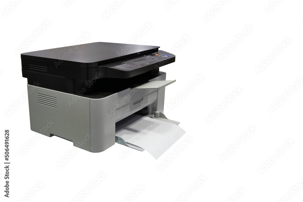 side view, black and white plastic printer and white paper on white background, technology, object, office, decor, copy space side view, black and white plastic printer and white paper on white background, technology, object, office, decor, copy space