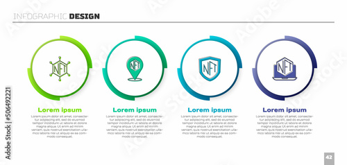 Set NFT blockchain technology, Digital crypto art, shield and Laptop with store app. Business infographic template. Vector