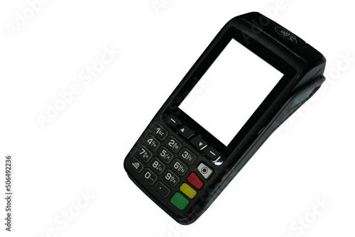 top view, white screen and black credit card swipe on white background, object, technology, business, modern, copy space