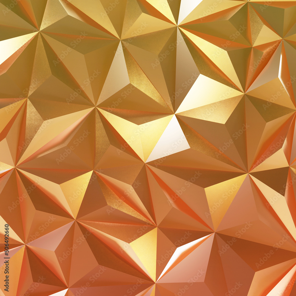 Abstract orange and gold low poly triangle geometric background. 3d rendering.
