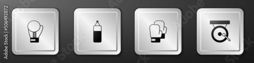 Set Boxing glove, Punching bag, and gong icon. Silver square button. Vector