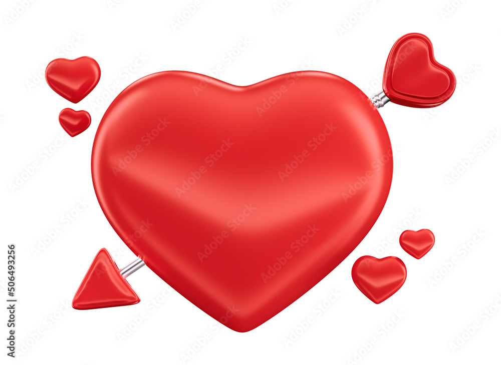 Coração vermelho em 3D com flecha de coração para Dia dos Namorados .3D Render Isolado em fundo branco.