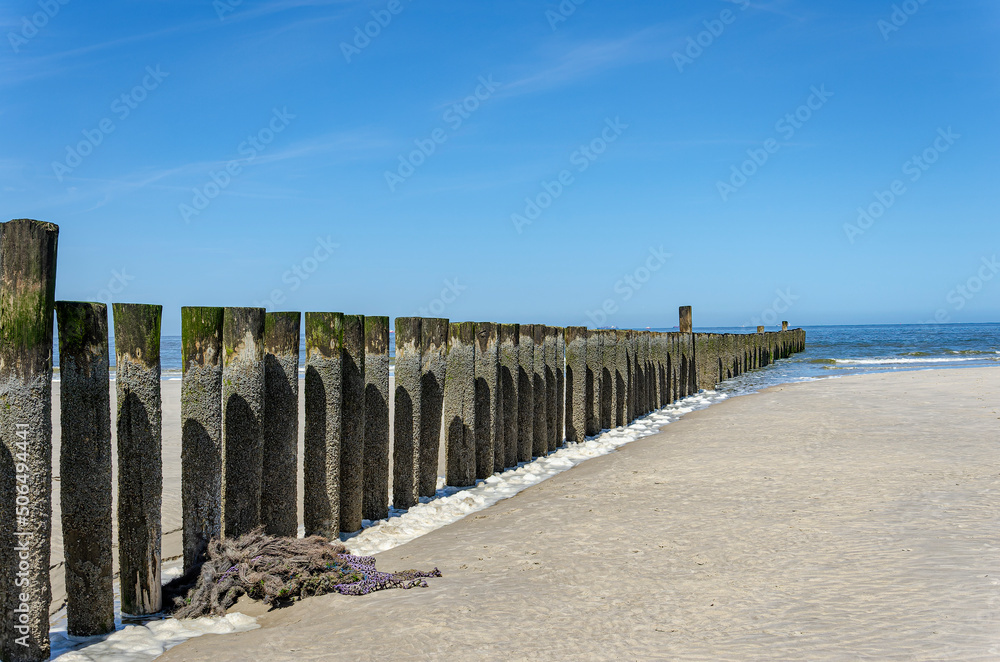 North sea beach with breakwaters on the island of Wangerooge on a sunny and blue spring day.