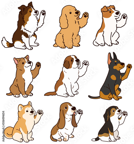 Photography Set of outlined cute and simple dogs sitting and waving