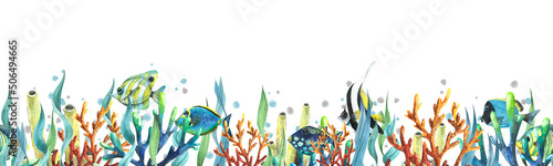 Fotografie, Obraz Horizontal board with tropical corals, algae, fish, water splashes
