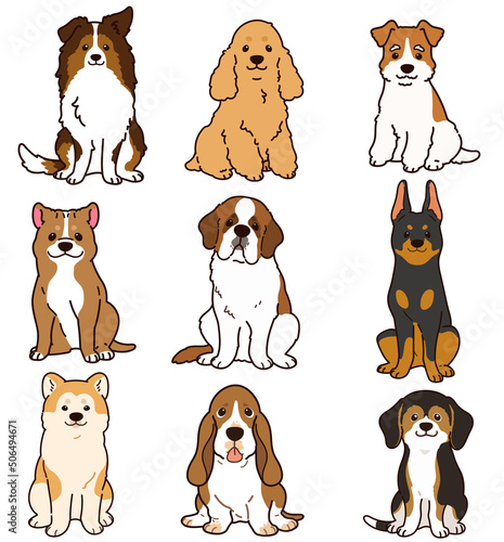 Set of outlined cute and simple dogs sitting in front view