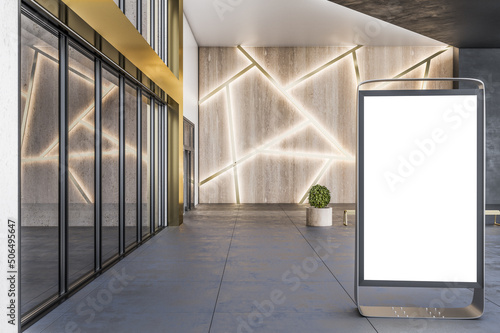 Street advertising concept with blank white billboard before stylish entrance group of modern business center with glowing decoration on wooden wall at night. 3D rendering  mockup