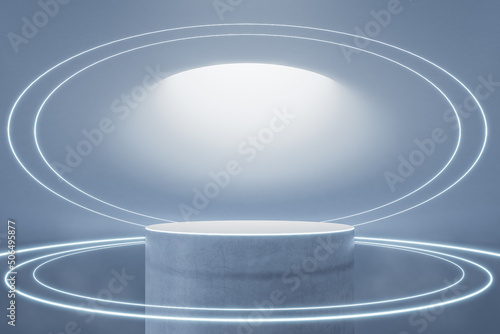 Blank round concrete stage for presentation illuminated by light from top in futuristic style hall. 3D rendering, mockup