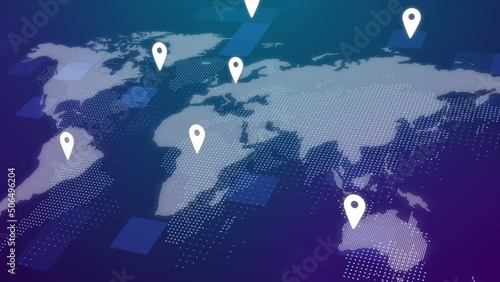 Abstract world map animation with pointers. pins, navigation and travel concept. GPS location services, Global Business Network. modern Technology. hi-tech futuristic style, 3d. animated stock footage