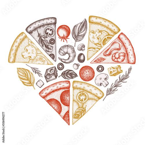 Pizza heart vintage design. Hand drawn greek, margherita, pepperoni, veggie, ham and mushrooms and seafood pizzas.