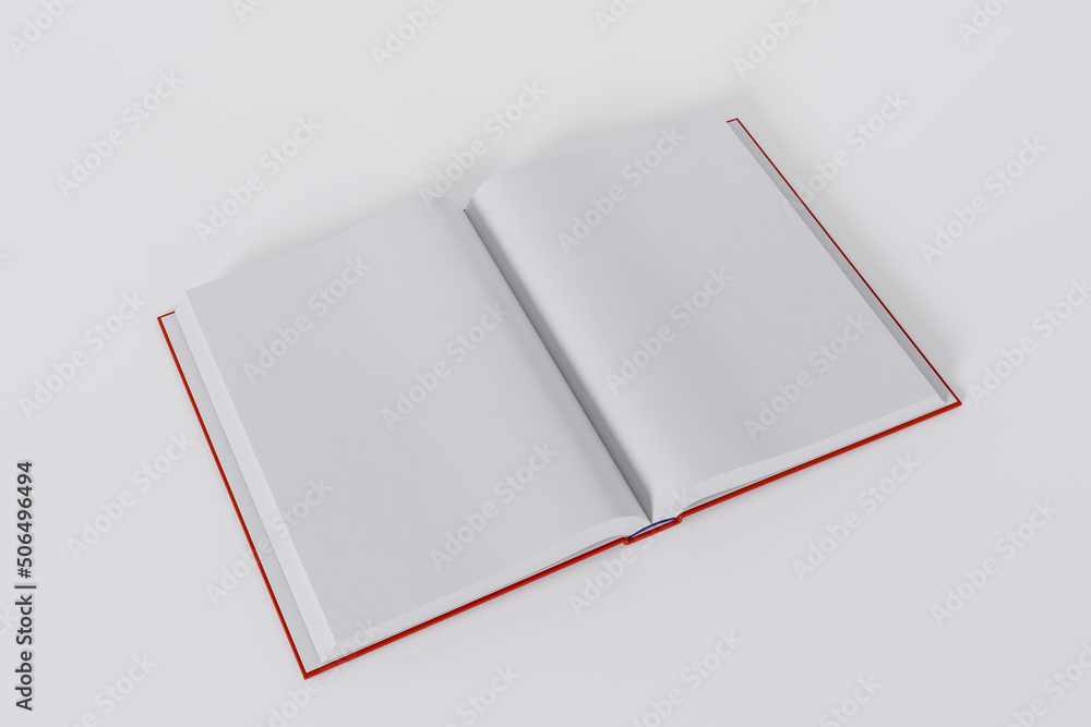 Mockup of a rectangular open book with a blank glossy, red cover on white background. Isolated with clipping path. Mockup of a rectangular open book with a blank glossy, red cover on white background. Isolated with clipping path.