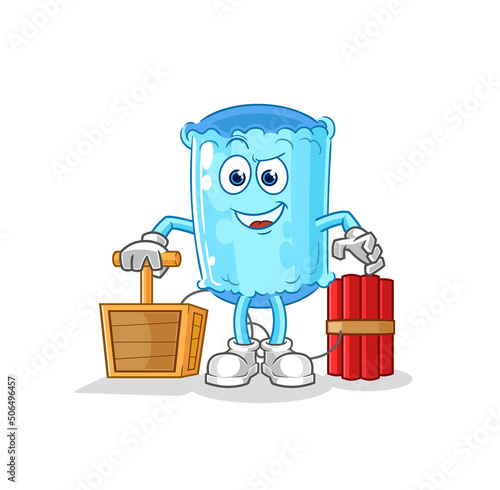bolster pillow holding dynamite detonator. cartoon mascot vector