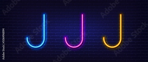 Initial letter J icon. Neon light line effect. Line typography character sign. Large first font letter. Glowing neon light element. Letter J glow 3d line. Brick wall banner. Vector