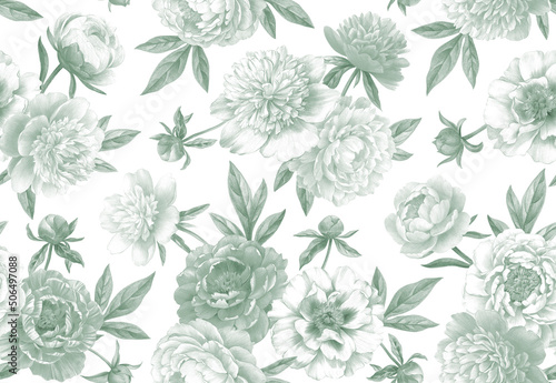 Seamless pattern with peonies. Floral vintage background. Hand drawn botanical illustration. Colored pencil bouquets. © Anna Sm