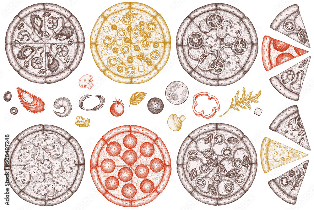 Pizza hand drawn vector illustrations collection. Stylized greek, margherita, pepperoni, veggie, ham and mushrooms and seafood pizzas. Pizza hand drawn vector illustrations collection. Stylized greek, margherita, pepperoni, veggie, ham and mushrooms and seafood pizzas.
