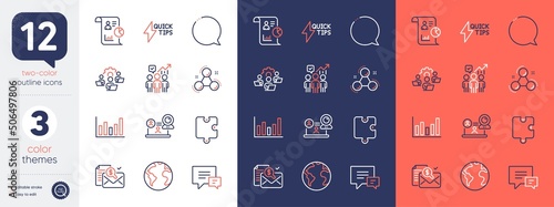 Set of Speech bubble, Chemistry molecule and Report line icons. Include World planet, Quickstart guide, Column chart icons. Video conference, Teamwork, Puzzle web elements. Comment. Vector