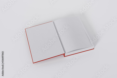 Mockup of a rectangular open on the first-page book with a blank, red glossy cover on white background. Isolated with clipping path.