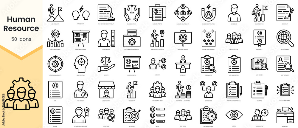 Set of Human Resource icons. Simple line art style icons pack. Vector ...