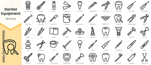 Set of dentist equipment icons. Simple line art style icons pack. Vector illustration