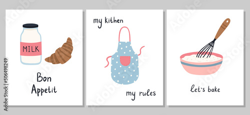 A set of kitchen posters with handwritten phrases.  Cute cooking elements. Vector hand-drawn illustration