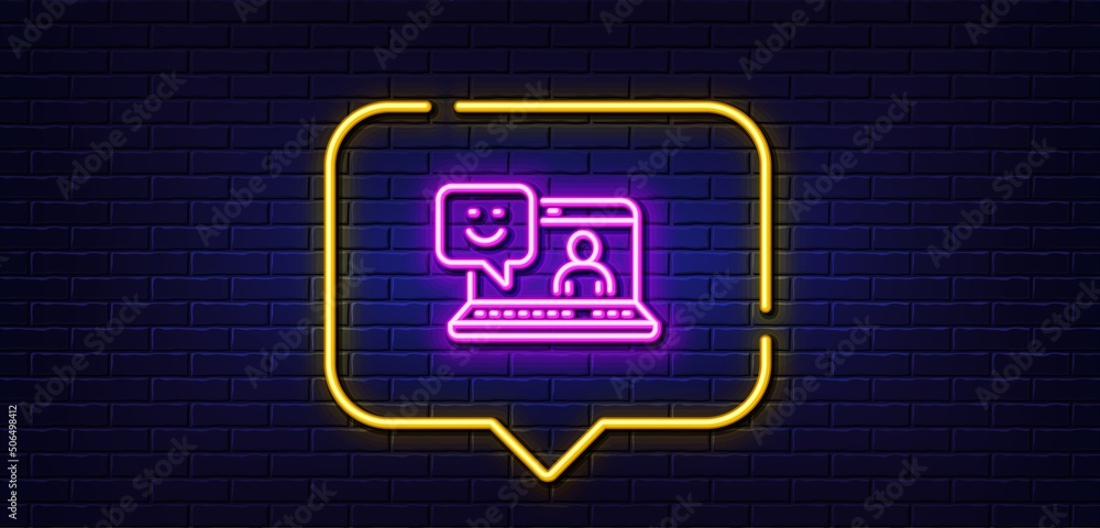 Neon light speech bubble. Smile laptop line icon. Positive feedback rating sign. Customer satisfaction symbol. Neon light background. Smile glow line. Brick wall banner. Vector Neon light speech bubble. Smile laptop line icon. Positive feedback rating sign. Customer satisfaction symbol. Neon light background. Smile glow line. Brick wall banner. Vector