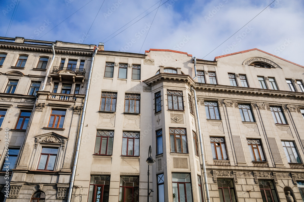 Fototapeta premium Saint Petersburg, Russia, 18 October 2021: Profitable House of early 20th century in Art Nouveau style with lots of details and decorations, Former apartment house neo-baroque and eclectic style