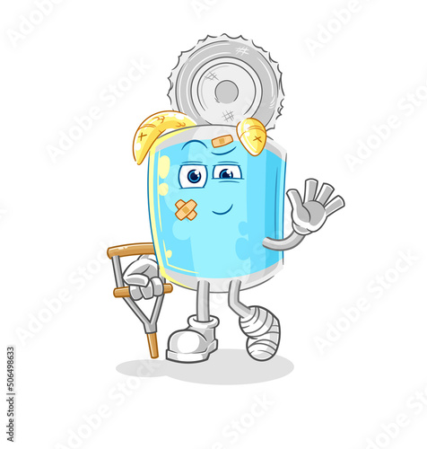 canned fish sick with limping stick. cartoon mascot vector