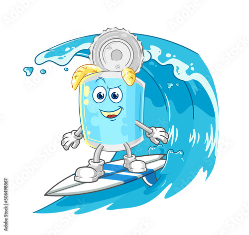 canned fish surfing character. cartoon mascot vector