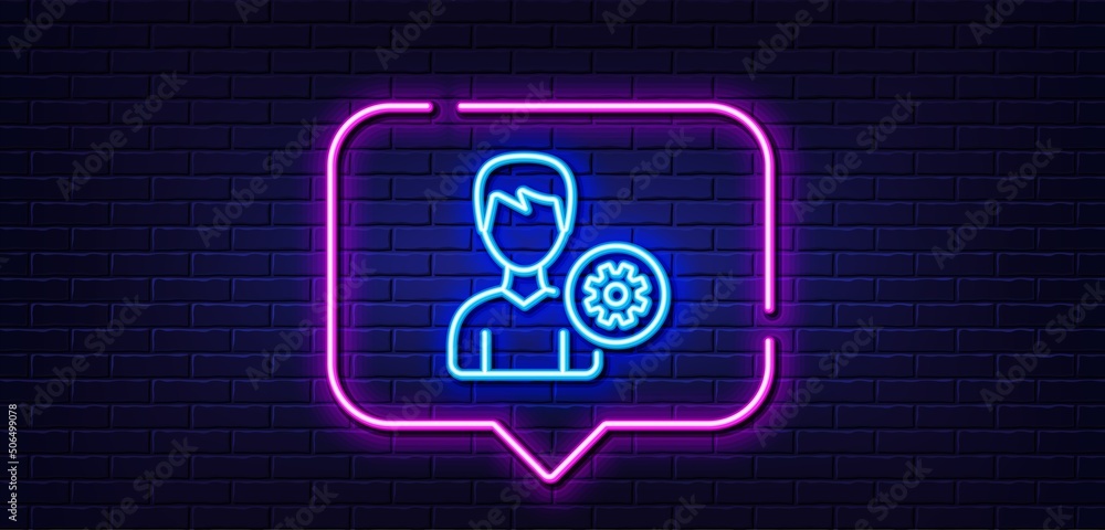 Neon light speech bubble. User settings line icon. Profile Avatar with cogwheel sign. Male Person silhouette symbol. Neon light background. Support glow line. Brick wall banner. Vector Neon light speech bubble. User settings line icon. Profile Avatar with cogwheel sign. Male Person silhouette symbol. Neon light background. Support glow line. Brick wall banner. Vector