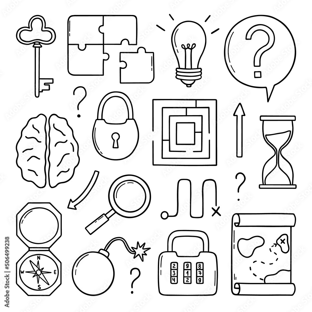 Quest Riddle Background Hand drawn set of quest doodle. Riddles, puzzles and quizzes. Compass ...