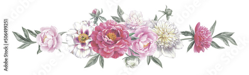 Colored pencil bouquet of peonies. Isolated on white background. Floral vintage arrangement. Hand drawn botanical illustration for greeting cards  wedding invitation cards and summer backgrounds. 