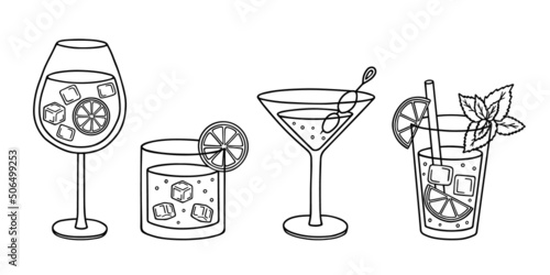 Hand drawn set of Tropical exotic cocktails doodle.  Summer Alcoholic Drinks in sketch style.  Vector illustration isolated on white background.