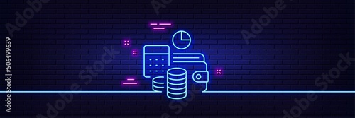 Neon light glow effect. Budget accounting line icon. Finance management sign. Business economy symbol. 3d line neon glow icon. Brick wall banner. Budget accounting outline. Vector