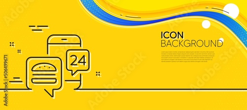 Food delivery app line icon. Abstract yellow background. Contactless meal order sign. Grocery phone application symbol. Minimal food app line icon. Wave banner concept. Vector