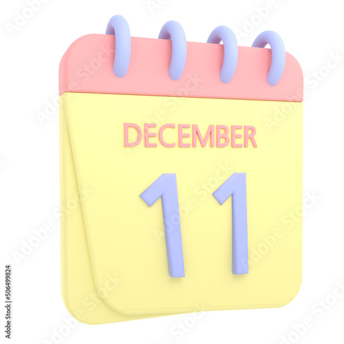 11th December 3D calendar icon. Web style. High resolution image. White background