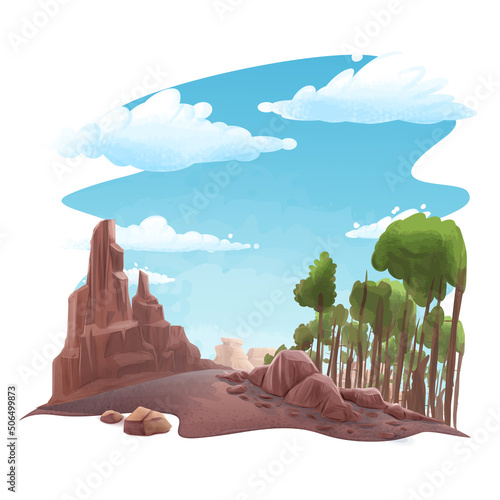 landscape illustration with rocks and mountains trees photo