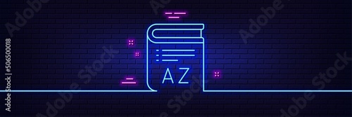 Neon light glow effect. Vocabulary line icon. Book glossary sign. 3d line neon glow icon. Brick wall banner. Vocabulary outline. Vector