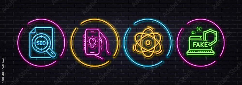 Seo file, Electric app and Atom minimal line icons. Neon laser 3d lights. Fake internet icons. For web, application, printing. Search document, Smartphone lantern, Electron. Wrong information. Vector Seo file, Electric app and Atom minimal line icons. Neon laser 3d lights. Fake internet icons. For web, application, printing. Search document, Smartphone lantern, Electron. Wrong information. Vector