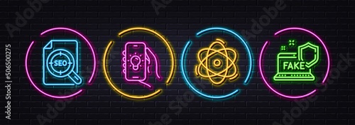 Seo file, Electric app and Atom minimal line icons. Neon laser 3d lights. Fake internet icons. For web, application, printing. Search document, Smartphone lantern, Electron. Wrong information. Vector