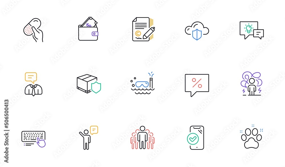 Computer keyboard, Idea lamp and Wallet line icons for website, printing. Collection of Approved phone, Cloud protection, Difficult stress icons. Agent, Support service. Vector